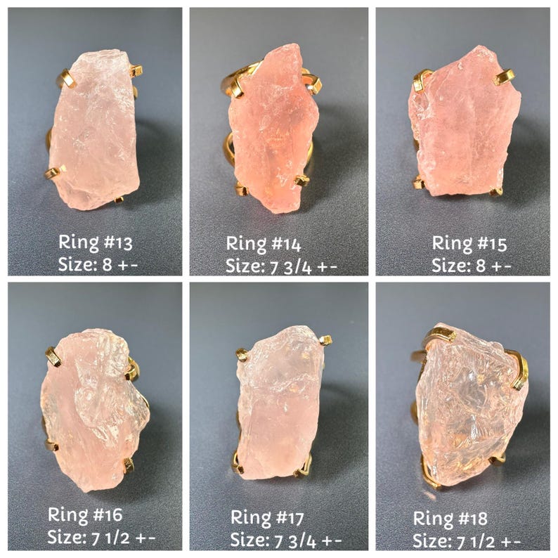 Puede incluir: Seis anillos de cuarzo rosa con bandas doradas. Cada anillo presenta una piedra &uacute;nica, de forma irregular y de color rosa claro. Los anillos est&aacute;n etiquetados con n&uacute;meros y tama&ntilde;os, que van desde la talla 7 1/2 hasta la talla 8.