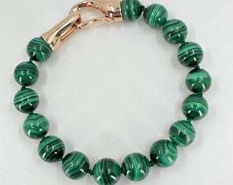 Natural Malachite Bracelet with Sterling Silver Hook Clasp, Natural Gemstone Gift, Healing Crystals