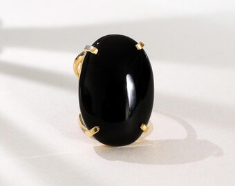 Brazilian Black Onyx Oval Cabochon Adjustable Statement Ring 18K Gold Plated Bold Chunky Cocktail Ring Natural Black Gemstone Jewelry