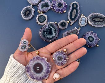Amethyst Stalactite Slice Gold Silver Pendant with Chain, Genuine Brazilian Amethyst Stalactite Pendant, Statement Gemstone Rosette Necklace