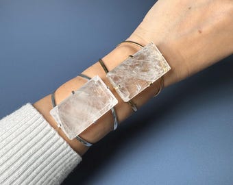 Large Genuine Crystal Quartz Rectangle Faceted Cabochon Adjustable Cuff Bracelet, Natural Crystal Gemstone Large Cuff Statement Bracelet