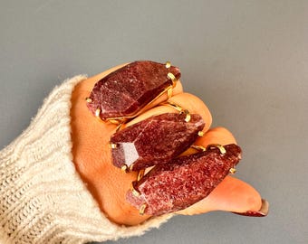 Oversized Brazilian Guava Quartz Ring Burgundy Red Crystal Freeform Faceted Gemstone 18K Gold Plated Adjustable Statement Cocktail Ring