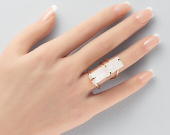 18K Gold Plated Raw Selenite Bar Adjustable Statement Ring, Natural Raw Selenite Crystal Elongated Bar Statement Ring, Selenite Wand Ring