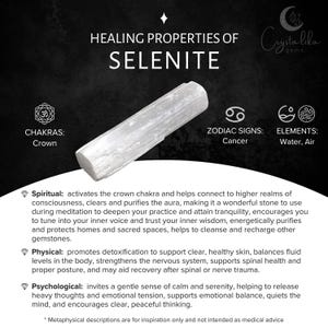 May include: A white, translucent, cylindrical selenite crystal wand positioned centrally on a black and white informational graphic. The text reads HEALING PROPERTIES OF SELENITE, CHAKRAS: Crown, ZODIAC SIGNS: Cancer, ELEMENTS: Water, Air, and lists spiritual, physical, and psychological benefits.
