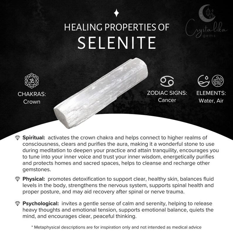 May include: A white, translucent, cylindrical selenite crystal wand positioned centrally on a black and white informational graphic. The text reads HEALING PROPERTIES OF SELENITE, CHAKRAS: Crown, ZODIAC SIGNS: Cancer, ELEMENTS: Water, Air, and lists spiritual, physical, and psychological benefits.
