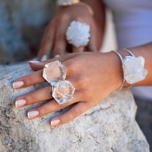 Oversized Hexagon Faceted Brazilian Quartz Crystal Ring, Bold Adjustable Statement Ring, 18K Gold Plated or 1000 Silver Plated Jewelry