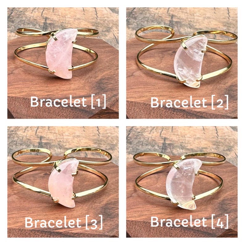 May include: Four gold bracelets with a crescent moon shaped rose quartz or clear quartz stone. The bracelets are double-banded and have a delicate, minimalist design.
