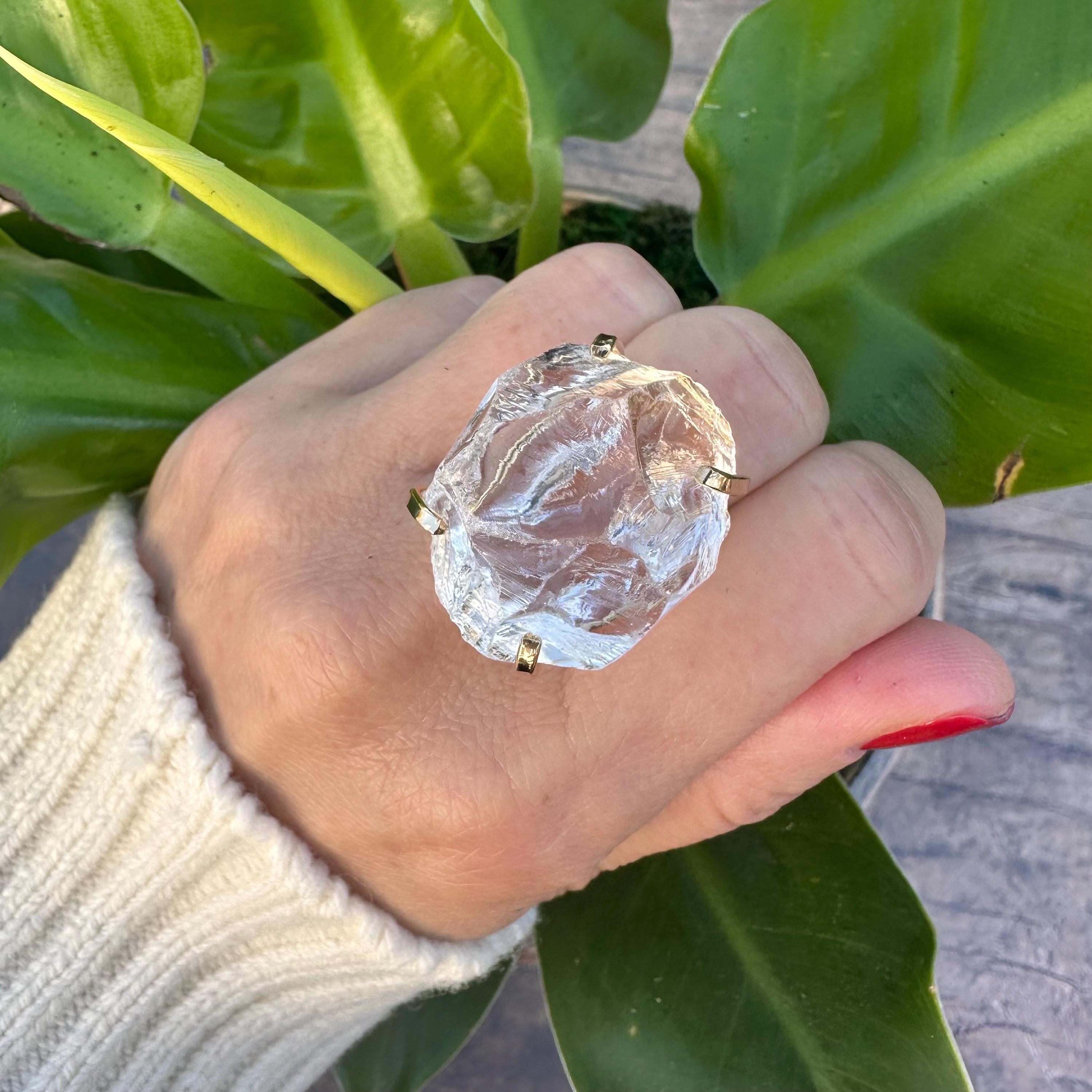 Oversized Gold Raw Clear Crystal Quartz Adjustable Statement Ring, Large Natural Rough Crystal Quartz Cocktail Ring, Genuine Crystal Ring