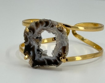 Druzy Geode Cuff Statement Adjustable Bracelet, Druzy Geode Gold Bracelets, Agate Cuff Statement Adjustable Gold Bracelet, Druzy Geode Slice