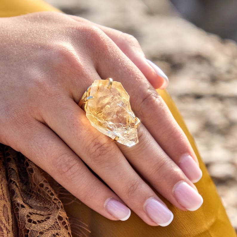 18K Gold Plated Natural Brazilian Raw Citrine Adjustable Statement Ring, Oversized Genuine Raw Citrine Crystal Chunky Slice Statement Ring image 3