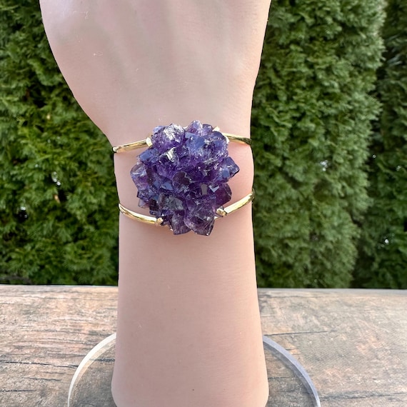 Druzy Amethyst Rosette Cuff Statement Bracelet, Natural Druzy