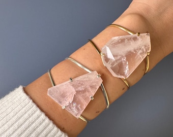 Faceted Freeform Natural Rose Quartz Adjustable Statement Cuff Bracelet, Natural Freeform Crystal Gemstone Slice Fashion Cuff Bracelet
