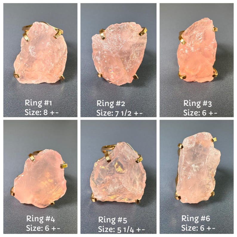 Puede incluir: Seis anillos de cuarzo rosa con engastes dorados. Cada anillo presenta una piedra &uacute;nica, de forma irregular y color rosa claro. Las tallas var&iacute;an de 5 1/4 a 8. Los anillos se muestran sobre un fondo gris.