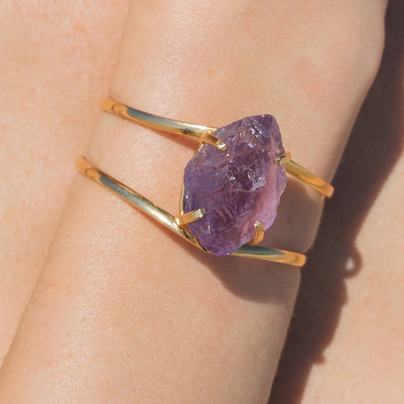 Amethyst Raw Slice Cuff Statement Bracelet, Rough Genuine Amethyst Slice Adjustable Cuff Bracelet, Natural Amethyst Gemstone Cuff Bracelet