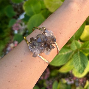 Smokey Quartz Cluster Natural Gemstone Gold Statement Bracelet, Natural Smokey Quartz Cluster Slice Adjustable Cuff Bracelet