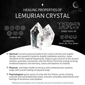 May include: A graphic detailing the healing properties of Lemurian Crystal, including information on chakras, zodiac signs, and elements. Two clear crystals are shown. Text describes spiritual, physical, and psychological benefits.