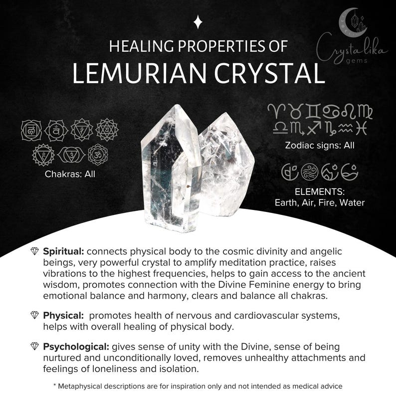 May include: A graphic detailing the healing properties of Lemurian Crystal, including information on chakras, zodiac signs, and elements. Two clear crystals are shown. Text describes spiritual, physical, and psychological benefits.