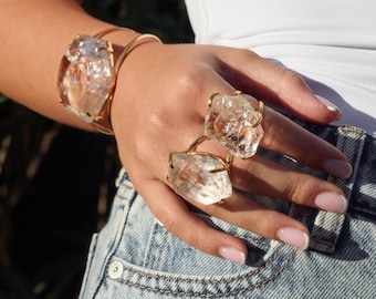 18K Gold Plated Quartz Crystal Ring, Large Brazilian Raw Gem Statement Ring, Oversized Clear Quartz Ring, Raw Crystal Adjustable Chunky Ring