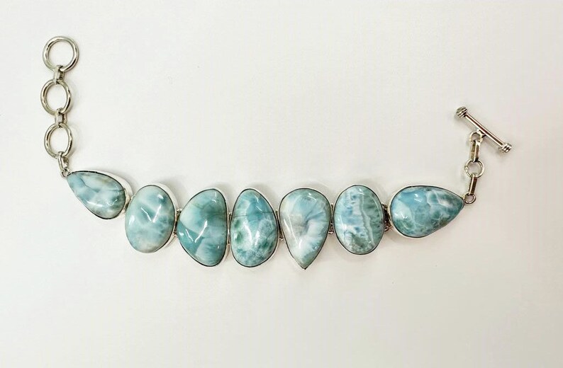 May include: A silver bracelet with a toggle clasp features a row of seven teardrop-shaped blue and white gemstone beads.