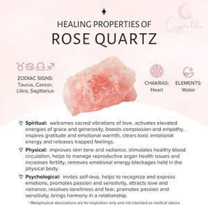Puede incluir: Un cristal de cuarzo rosa con texto sobre sus propiedades curativas. El texto incluye informaci&oacute;n sobre los signos del zodiaco, los chakras y los elementos asociados con el cuarzo rosa. La descripci&oacute;n tambi&eacute;n enumera los beneficios espirituales, f&iacute;sicos y psicol&oacute;gicos.