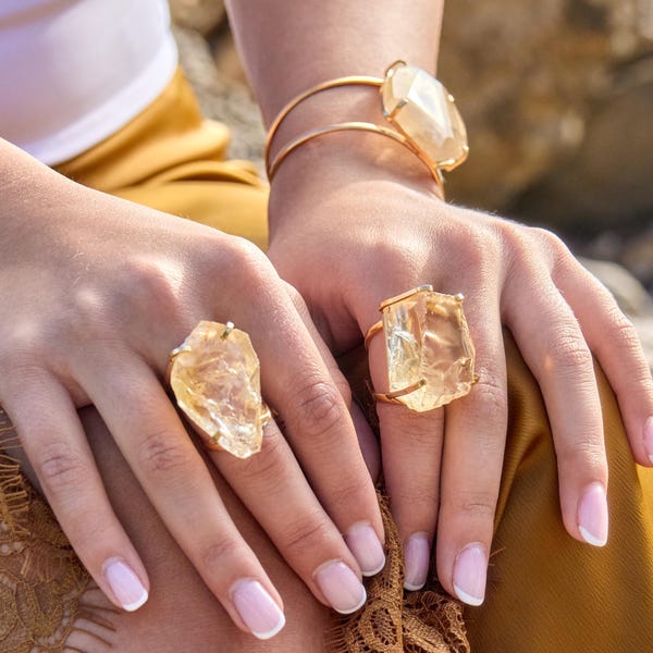 Golden Citrine Raw Brazilian Chunky Crystal Ring Large Statement Adjustable 18K Gold Plated Genuine Natural Gemstone Cocktail Ring