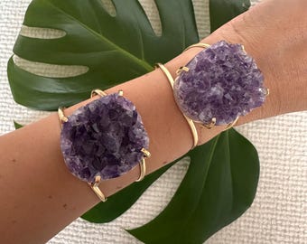 18K Gold Plated Amethyst Druzy Crystal Cuff Bracelet, Large Brazilian Druzy Amethyst Rosette Adjustable Statement Cuff Bracelet