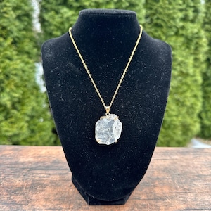 Clear Crystal Rough Slice Necklace, Natural Clear Crystal Slice Pendant with Chain, Large Authentic Crystal Gemstone Necklace, Raw Crystal