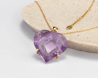 Brazilian Amethyst Heart Pendant Large Faceted Purple Crystal Necklace Statement Gemstone Pendant Natural Amethyst 14K Gold Plated