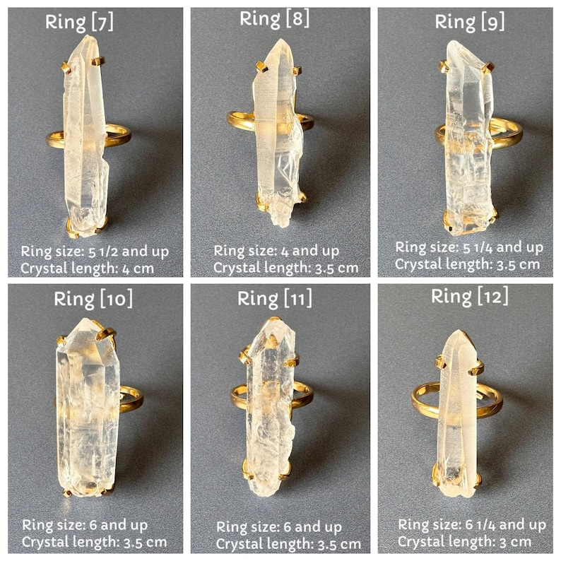 May include: Six quartz crystal rings with gold-tone metal settings. Each ring has a clear, elongated crystal. Ring sizes and crystal lengths are shown. The rings are displayed on a grey surface. Crystal lengths range from 3 cm to 4 cm.