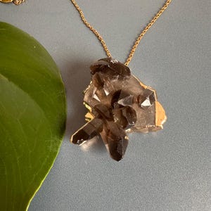 Smokey Quartz Crystals Cluster Pendant With Chain, Genuine Smokey Quartz Slice Statement Necklace, Smokey Crystal Pendant With Chain