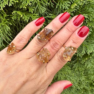 May include: Four gold-toned rings, each featuring a raw, amber-colored gemstone. The rings are displayed on a hand with red nail polish, set against a backdrop of green foliage. The gemstones have a natural, irregular shape.
