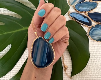 Blue Agate Slice Pendant With Chain, Agate Slice Statement Necklace, Free Shape Purple Agate Slice Pendant With Chain, Large Agate Slice