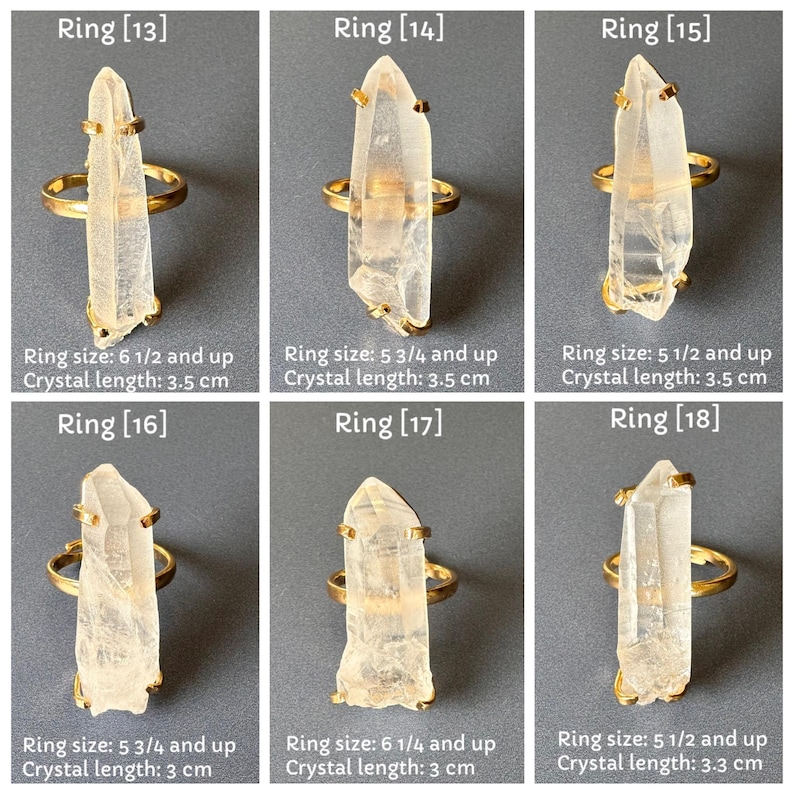 May include: Six gold rings, each with a clear quartz crystal. The rings are set against a grey background. Text on the image indicates ring sizes and crystal lengths, with the longest crystal measuring 3.5 cm.