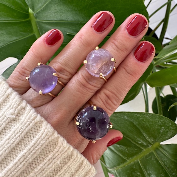 Amethyst Round Cabochon Adjustable Ring, Genuine Amethyst Round Cabochon Adjustable Statement Ring, Natural Amethyst Gemstone Cabochon Ring