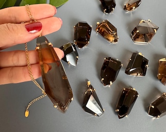 Extra Large Medium Smoky Quartz Pendant Brazilian Freeform Faceted Crystal Necklace 18K Gold Plated Statement Pendant With or Without Chain