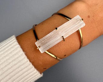 18K Gold Plated Raw Brazilian Selenite Bar Cuff Bracelet, Chunky Crystal Statement Bracelet, Adjustable Natural Selenite Jewelry