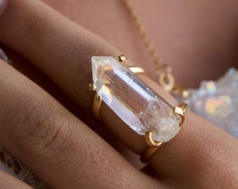 Lemurian Seed Crystal Quartz Gemstone Ring, Lemurian Point Ring, Lemurian Quartz Adjustable Gold Brass Ring, Lemurian Crystal Point
