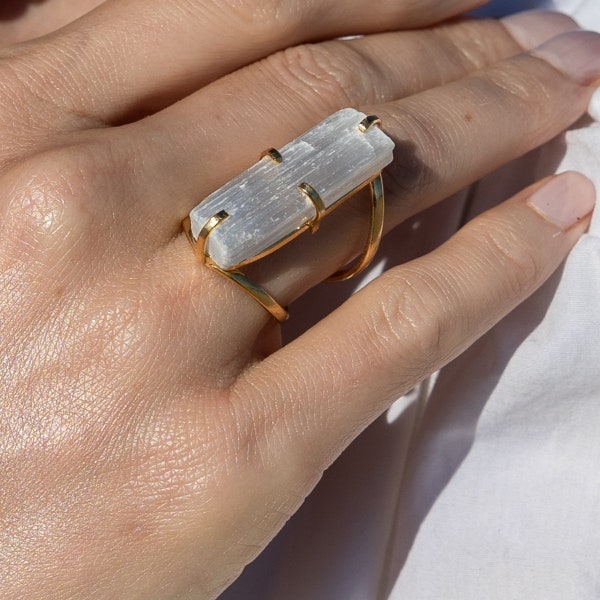 Selenite Ring, Selenite Healing Stone, Selenite Cluster, Statement Ring, Adjustable Ring, Brass Ring