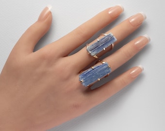 Raw Blue Kyanite Elongated Ring Brazilian Crystal Adjustable Statement Gemstone Ring 18K Gold Plated or 1000 Silver Plated Jewelry