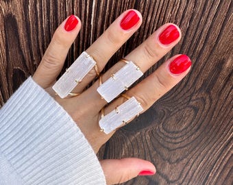 18K Gold Plated Raw Selenite Bar Adjustable Statement Ring, Natural Raw Selenite Crystal Elongated Bar Statement Ring, Selenite Wand Ring