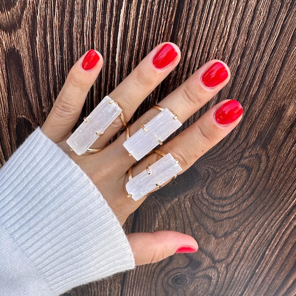 18K Gold Plated Raw Selenite Bar Adjustable Statement Ring, Natural Raw Selenite Crystal Elongated Bar Statement Ring, Selenite Wand Ring