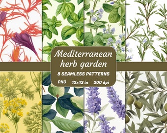 Mediterranean Herb Garden | Seamless Pattern Pack | Floral Design, Scrapbook, Digital Paper, Commercial Use, 12x12 Inches, 300 DPI