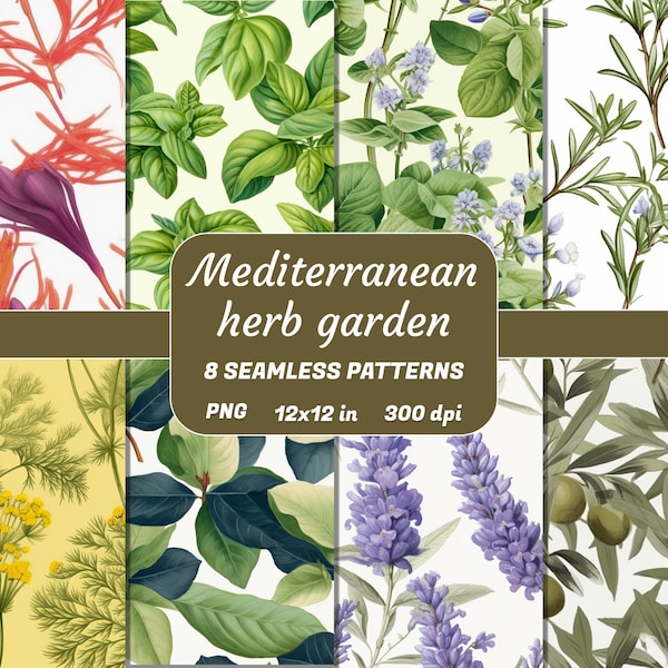 Mediterranean Herb Garden | Seamless Pattern Pack | Floral Design, Scrapbook, Digital Paper, Commercial Use, 12x12 Inches, 300 DPI