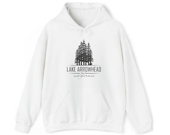 May include: White hooded sweatshirt with a black graphic print of a group of trees and the text "LAKE ARROWHEAD california".