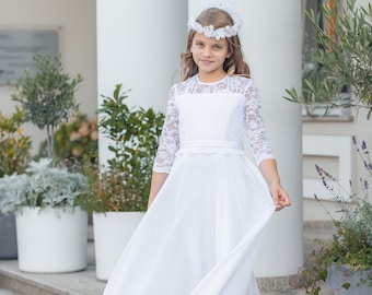 Robe de communion de luxe Emma, robe de communion en mousseline de soie avec manches, Kommionkleid, robe de communion houx