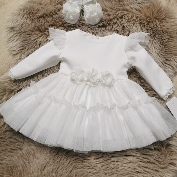 Robe de fille de fleur en dentelle blanche - Robe de fille de fleur Boho - Robe de fille de fleur à manches longues - Robe de fille de fleur en tulle - Robe de fille de fleur pour tout-petits