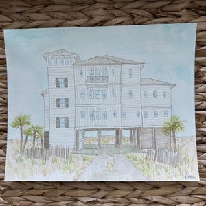 Retrato de casa de playa de acuarela pintado a mano personalizado