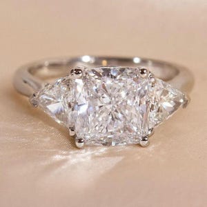 3CT Cushion Cut Moissanite Engagement Ring Three Stone Proposal Ring 14k Solid Gold Anniversary Gift Ring With Trillion Cut Side Stones Ring