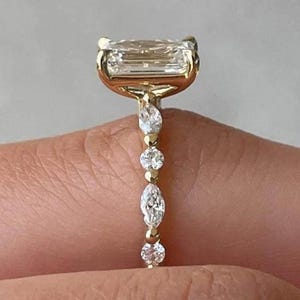 3 CT Emerald Cut Moissanite Ring With Side Marquise And Round Eternity Wedding Ring Emerald Cut Engagement Ring Art Deco Bridal Ring For Her