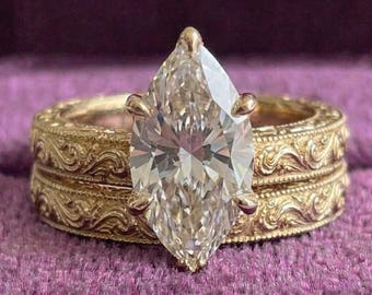 3 CT Marquise Verlobungsring Set 10K Massives Gelbgold Art Deco Vintage Hand graviert Braut Ehering Set Versprechensring Brautring Set